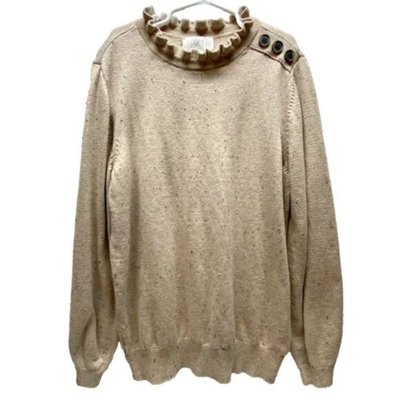 LOFT Sweaters - Loft Sweater Women’s Small Beige Speckle Ruffled Collar Button Accent Longsleeve